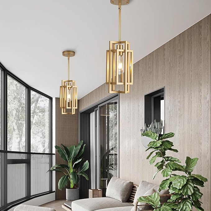Farmhouse Pendant Light Fixtures, Gold Modern Pendant Lights 59'' Adjustable Small Square Pendant Ceiling Hanging Light for Kitchen Island Dining Room Entryway