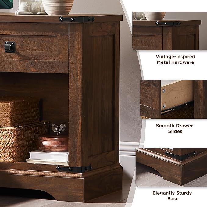 T4TREAM 24" Farmhouse Nightstand with Charging Station Set of 2, Large End Table with Drawer and Open Storage Cabinet, Rustic Wood Bedside Table Sofa Table for Bedroom, Dark Walnut