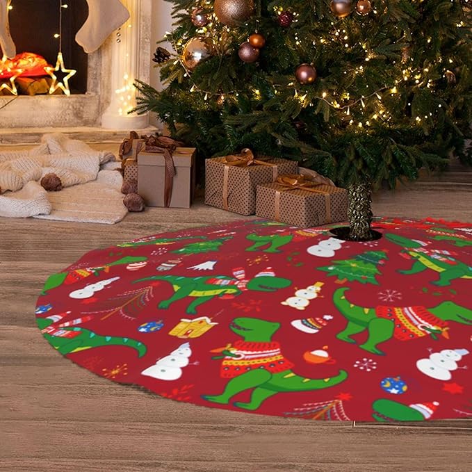 Cute Christmas Dinosaur Christmas Tree Skirt 48 Inches Animal Tree Skirt Xmas Tree Mat Holiday Party Supplies Christmas Tree Decorations