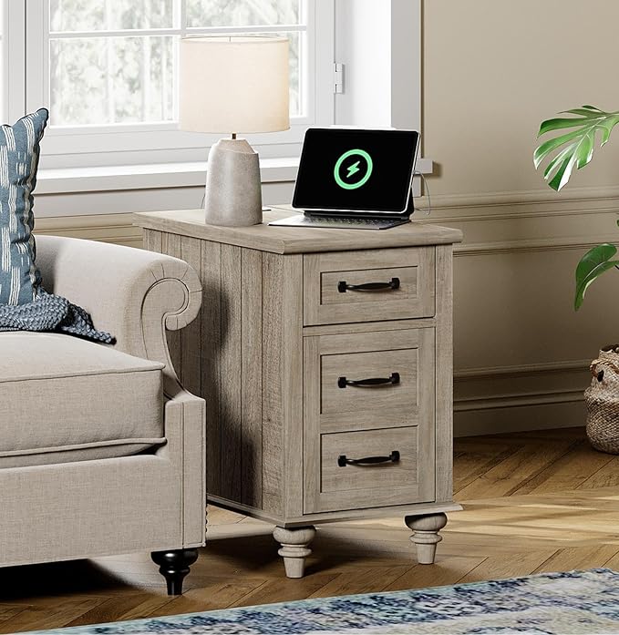 WAMPAT Gray End Table with Charging Station, Wooden Side Table with 1 Drawer &1 Storage Cabinet, Mid Century Modern Nightstand with Power Outlets & USB Ports for Living Room, Bedroom
