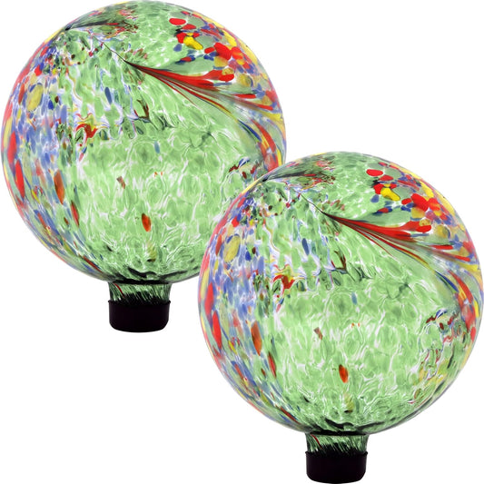 Sunnydaze 10-Inch Gazing Ball for Garden - Glass Gazing Globe for Outside - Garden Orb Yard Decor - Green Artistic - Set of 2