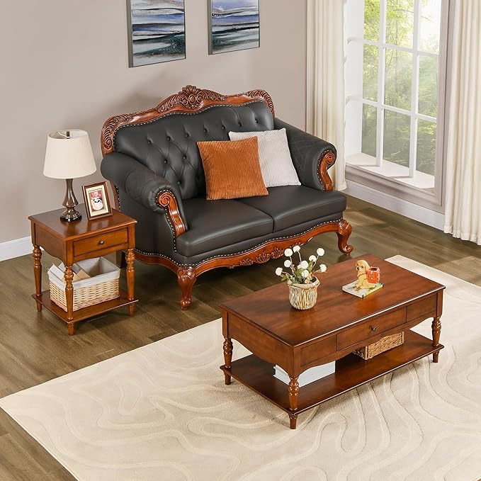 2-Set Solid Wood End Table with Drawer and Storage Shelf, Antique Designed Beside Table with Solid Wood Roman Legs, Square Accent Tables with Hand Carved for Living Room, Bedroom Cherry Brown