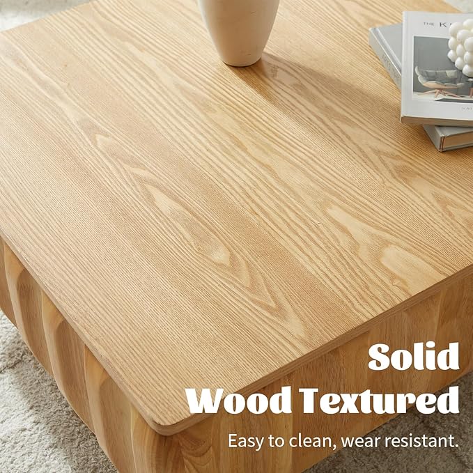 LKTART 31" Lift Top Coffee Table for Living Room, Fluted Coffee Table with Hidden Storage, Mid Century Modern Solid Wood Veneer Square Center Table for Office Apartment Small Space, Natural
