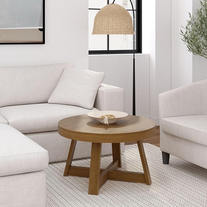Plank+Beam Classic Round Coffee Table, 30 Inch Farmhouse Coffee Table, Rustic Mini Center Tables for Small Spaces, Small Living Space Tea Table, Pecan Wirebrush