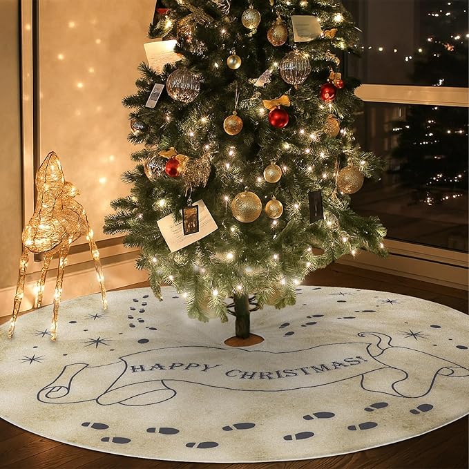 48 Inch Magical Wizard Christmas Tree Skirt Vintage Christmas Decorations Large Hand Drawn Magical Xmas Tree Skirt for Xmas Farmhouse Birthday Holiday Party Decorations