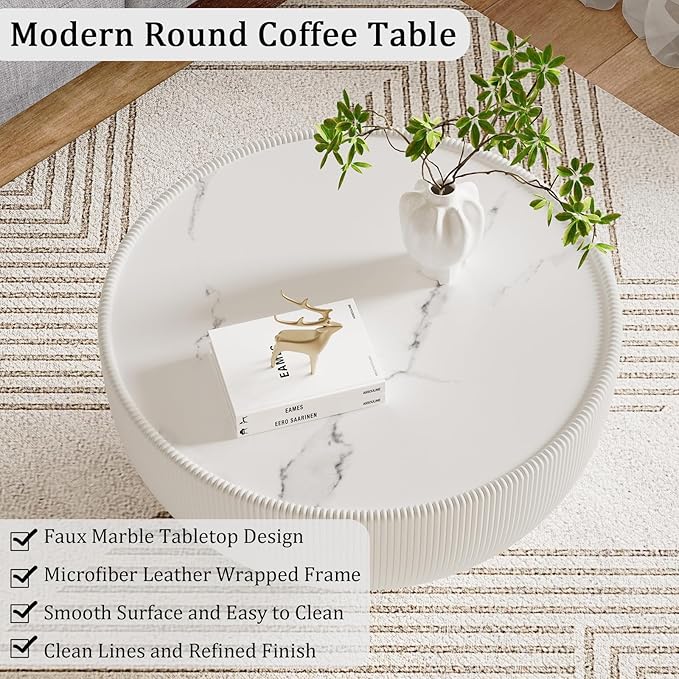 27.55" White Round Coffee Table, Drum Coffee Table with Sintered Stone Tabletop and Fluted PU Leather Covered and Metal Base, Circle Cocktail Tea Table for Living Room