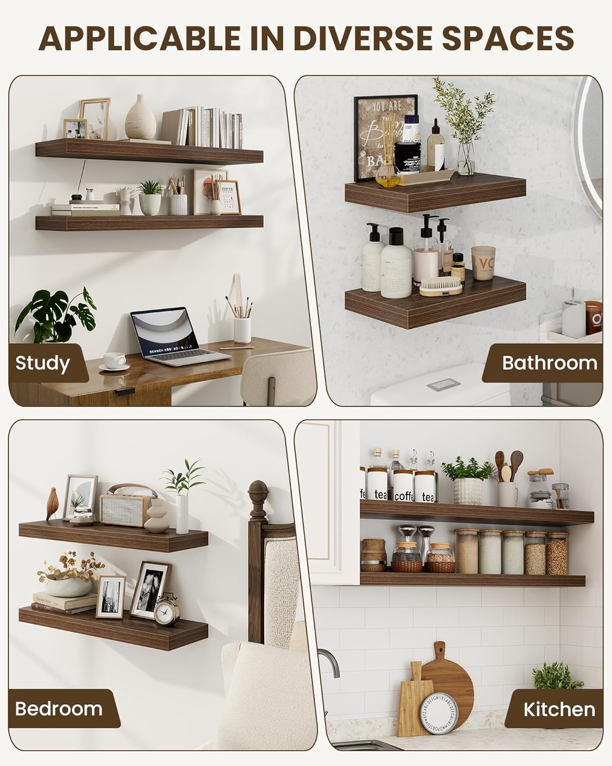 Marsmiles 6.7" Floating Shelves for Wall, Wooden Shelves with Invisible Brackets Set of 2, Rustic Farmhouse Wall Mounted Shelf for Kitchen Bathroom Living Room Study, Walnut