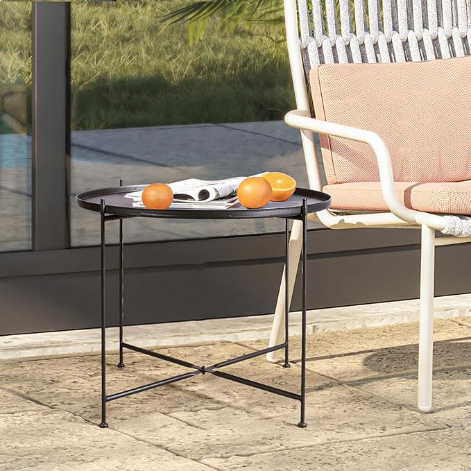 Modern Metal End Table, Round Side Table Indoor/Outdoor, Living Room Small Coffee Table (Black, 1-Tier 23.6")