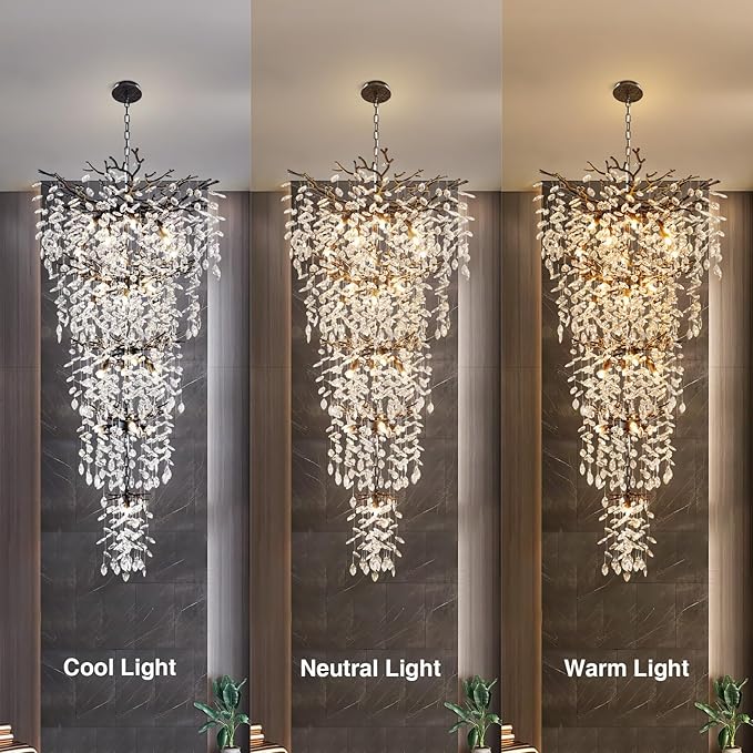 YUYI 63" Long Crystal Chandelier for High Ceiling, 28-Light Black Tree Branch Chandelier, Modern Large Chandeliers for Staircase, Foyer, Entryway, Living Room, 5-Tier Luxury K9 Raindrop Light Fixture