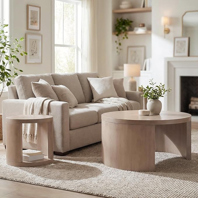 Round Coffee Table Set of 2, Nesting Coffee Tables with Storage,Living Room Table Set,Modern Wood Center Table for Living Room,Apartment,31.5" & 18" Coffee Table Set,Gray