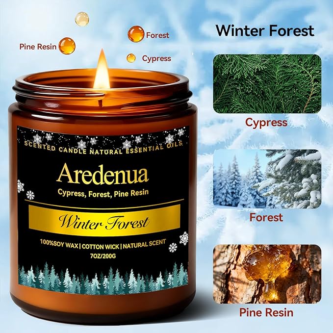 Winter Candles – Winter Forest Candle | Holiday Soy Candles for Home Scented - Cedarwood Evergreen Christmas Candle | Holiday Christmas Gifts for Women Men - 7oz Jar with 50H Clean Burn & Long Lasting