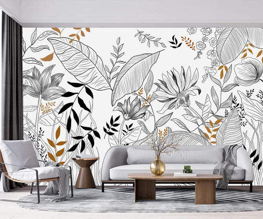 -Hand-Painted Flower Plant Fabric Wallpaper Simple Art Living Room 180" x 115" (Not Peel and Stick)