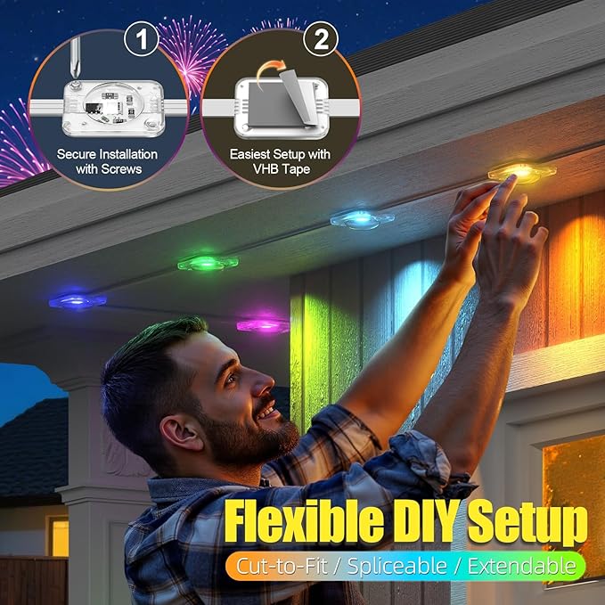 Permanent Outdoor Lights, 50ft RGB+IC Smart LED Lights Outside, IP67 Waterproof Smart Outdoor Decorations with App/Remote Control for Christmas, Halloween, Holiday, Daily, Party