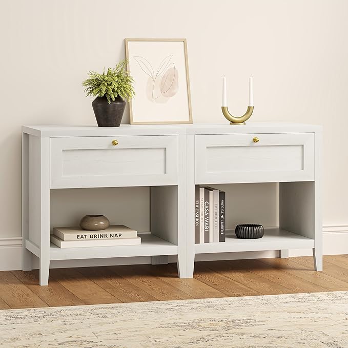 Nightstand with Storage Drawer, Farmhouse Large Bedside End Table with Open Shelf, Modern Wood Night Stand for Sofa, Bedroom, Antique White