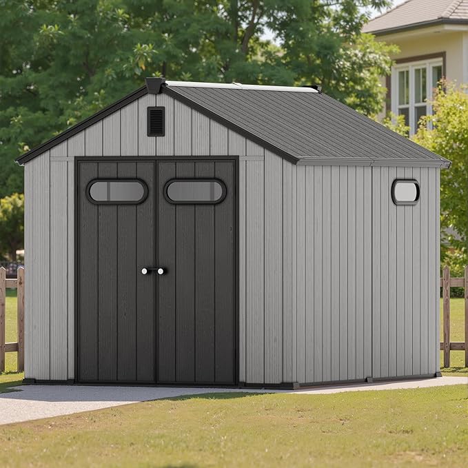 CRESTLIVE 8x10 FT Rust-Resistant Plastic Outdoor Storage Shed, Waterproof Resin Garden Shed with Floor, Doors, Skylight & Vent for Lawn Tools & Bikes