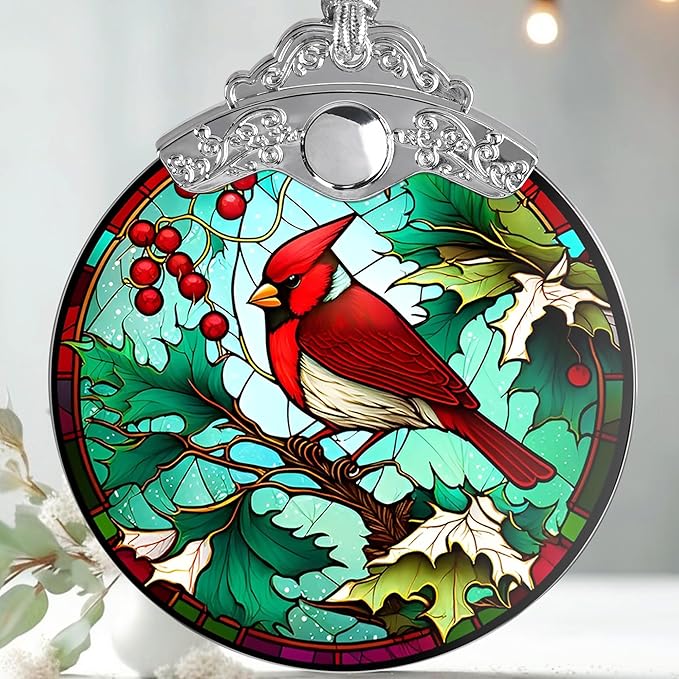 Stained Glass Christmas Ornament, Jocidea Christmas Decorations, Cardinal Christmas Tree Ornament, Holiday Decor and Xmas Gifts Ideas