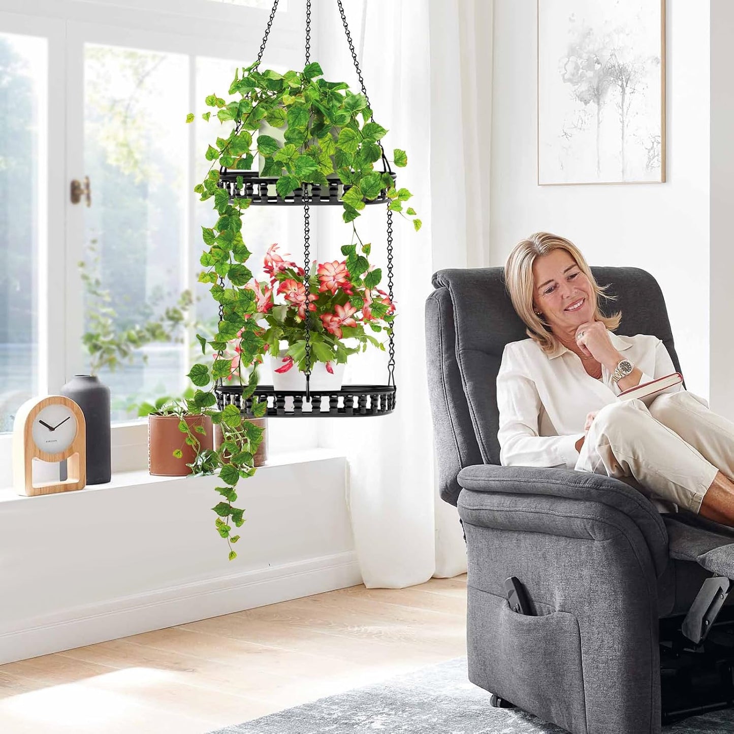 Plant Hanger Indoor Outdoor, 2 Tier Hanging Planter Plant Shelf, Metal Hanging Plants Holder for Indoor Outdoor Plants