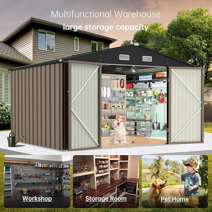 10X8FT Metal Storage Shed - Large Waterproof Tool Metal Shed with Lockable Doors & Vents, All-Weather Outdoor Sheds for Lawn Mower, Bike