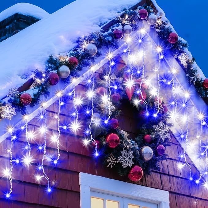 XURISEN 66ft Christmas Lights Decorations Outdoor, 640 LED 8 Modes Curtain Fairy Lights with 120 Drops,Plug in Waterproof Timer Memory Function for Christmas Holiday Wedding Party Decor(Blue+Cool)