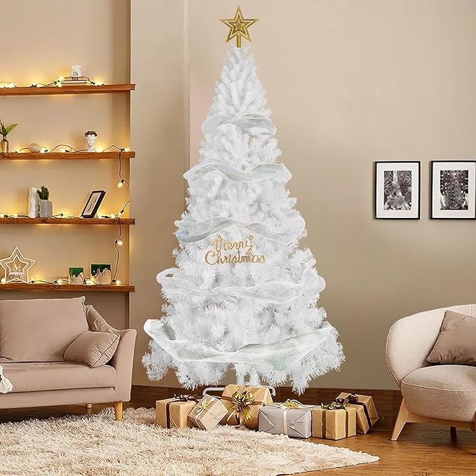 PLKO 7FT Artificial Holiday Christmas Tree，Artificial Christmas Tree Xmas Pine Tree with Stand and Soft White Branch for Holiday Indoor Outdoor,1020Tips(White)