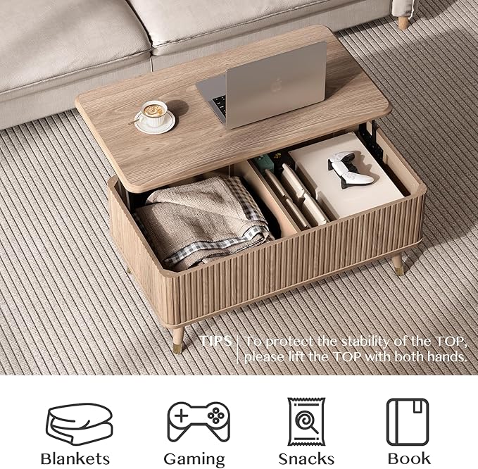 Lift Top Coffee Table with Storage, Mid Century Modern Walnut Fluted Coffee Table, Rectangular Wood Center Table with Rising Desktop & Open Shelf for Work from Home, Living Room, Oak