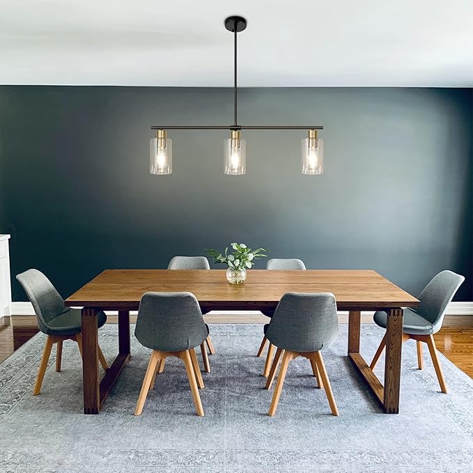 Kitchen Island Lighting, 3 Lights Linear Farmhouse Chandelier, Black and Gold Dining Room Light Fixture with Glass Shades, Modern Industrial Pendant Lights