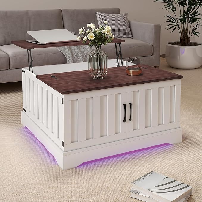 Square Lift Top Coffee Table with Storage, White Brown Led Coffee Table for Living Room with Large Hidden Storage, 30.7" Wood Table Led Center Table for Dining Reception Room