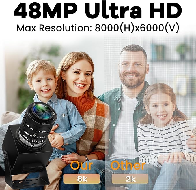 USB Camera 48MP Webcam 8K Ultra HD USB Webcam 3.6-10mm 3X Manual Zoom Lens for Computer Lightburn Close up Cam for Laser Engraver Plug and Play for Document Scanning Face Recognition
