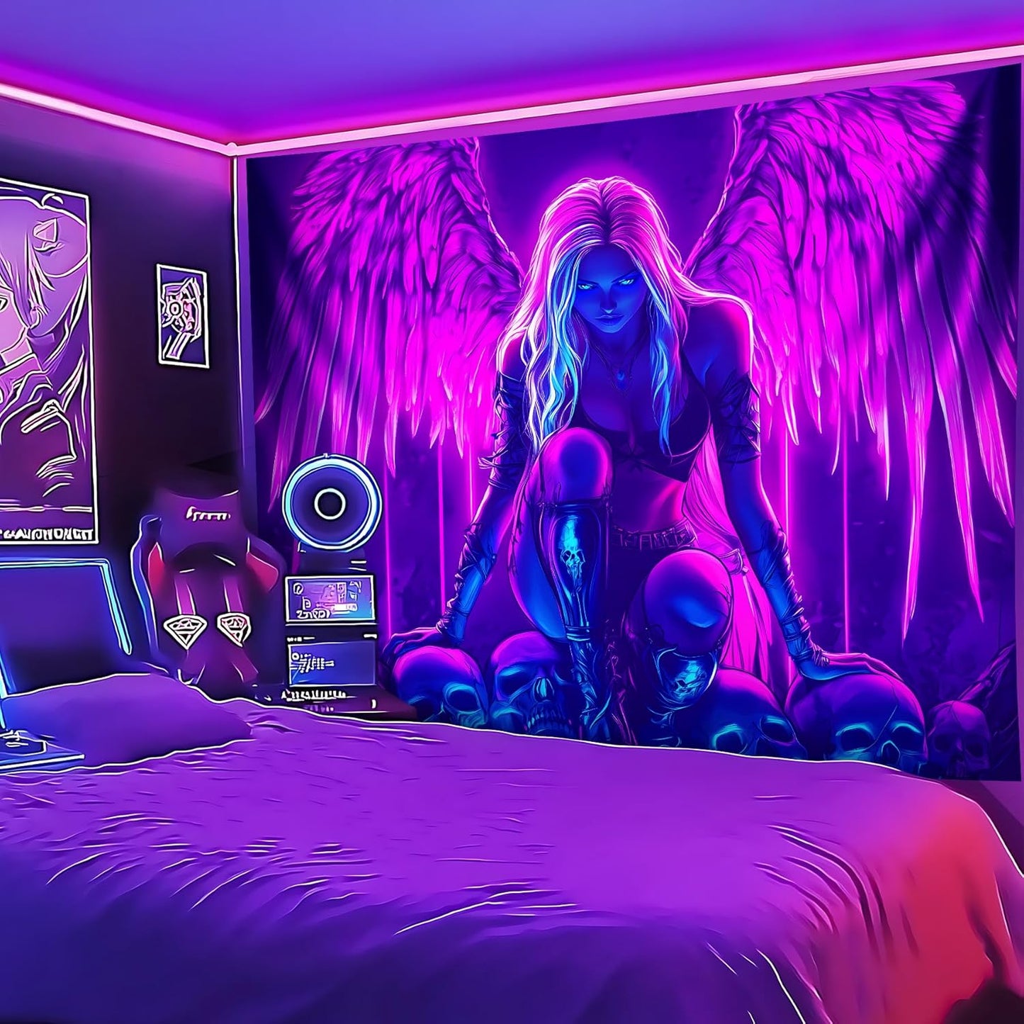 Blacklight Tapestry,WingTapestry Glow In The Dark,UV Reactive Black Light Upright Posters Wall Hanging for Bedroom Dorm Living Room Backdrop Decor (wing8, 79L" x 59W")