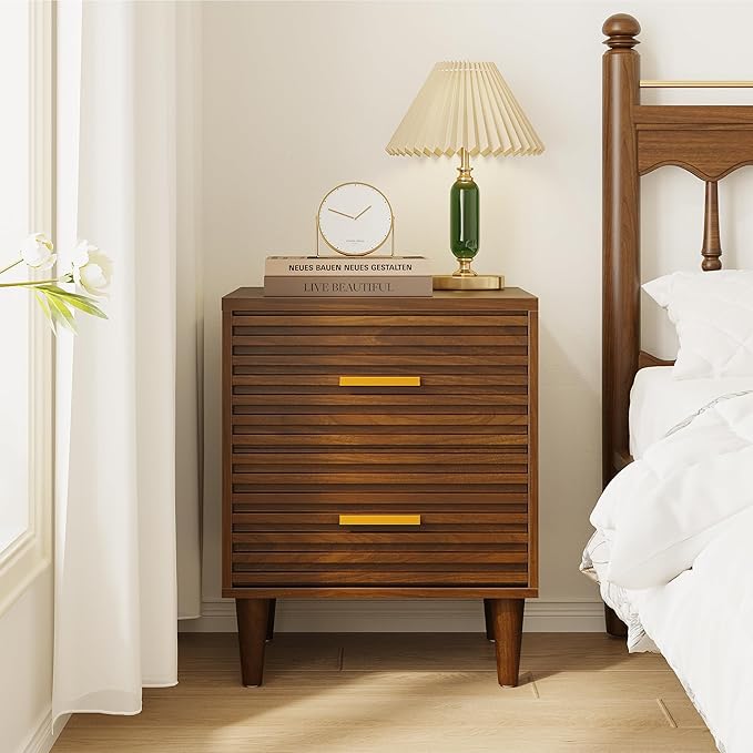 Alohappy Nightstands Set of 2, Mid Century Modern Night Stands, Fluted Bedside Table for Bedroom, Side End Table with Storage Drawers, Vintage Wood Accent Table for Living Room, Brown 2pcs