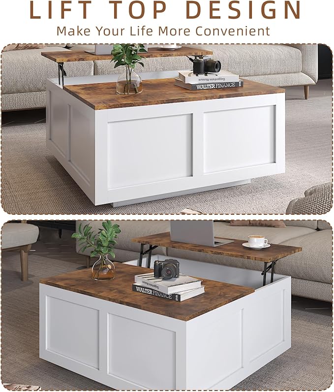 Lift Top Coffee Table with Storage, 31.5" Square White Coffee Table with Large Hidden Storage, Wood Living Room Table Center Table for Living Room Dining Reception Room