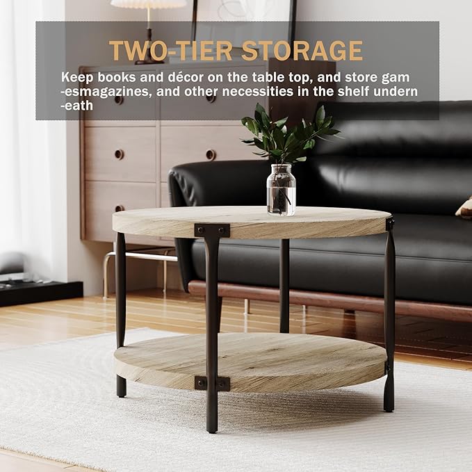 Wooden Round Coffee Table, 2-Tier Coffee Table, 29.61” Center Table with Metal Legs & Open Storage, Center Accent Table for Living Room, Natural Wood Color