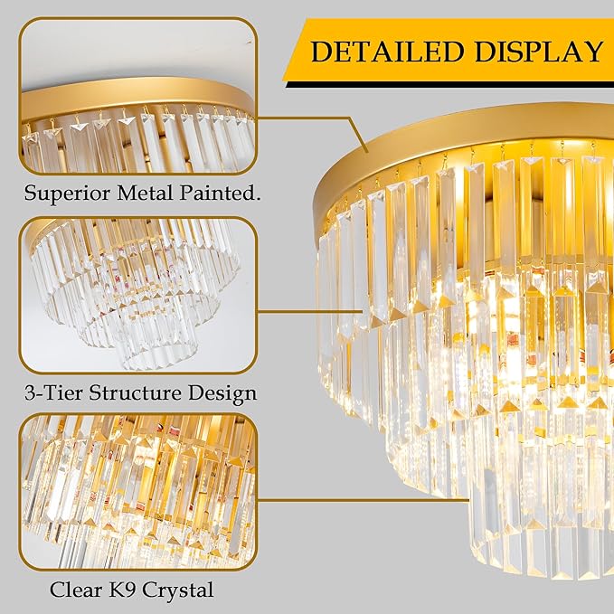 17" Crystal Flush Mount Chandelier 4-Lights Gold Crystal Ceiling Light 3-Tier Luxury K9 Dining Room Light Semi-Flush Ceiling Light for Bedroom Living Room Entryway Kitchen Island Hallway