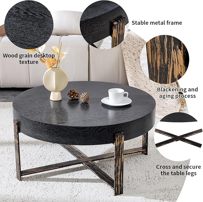LKTART 31.5'' Round Coffee Table for Living Room, Modern Wood Handcraft Drum Coffee Table with Storage, Stainless Steel Legs Tea Tables, Apartment Small Space, Black