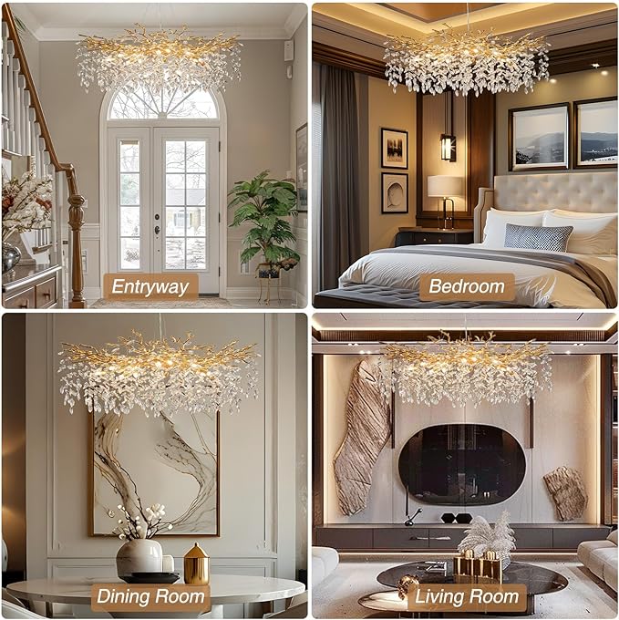YUYI Modern Crystal Chandelier, 47" Gold Tree Branch Chandelier, 18-Light Round Raindrop Chandeliers for Dining Room, Living Room, Foyer, Entryway, Kitchen, Bedroom, Luxury K9 Crystal Light Fixture