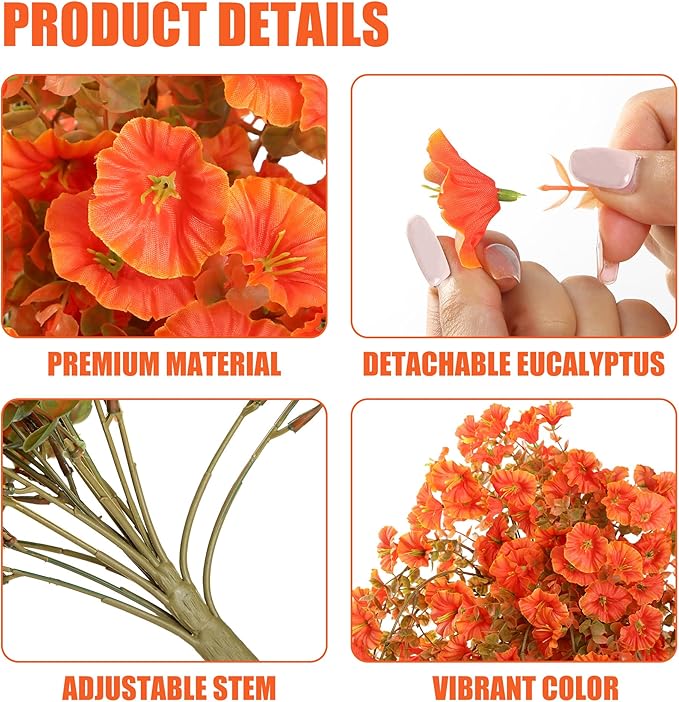 Artificial Fake Hanging Flowers Plants for Outdoor Outside Spring Summer Decoration 2PCS Faux Silk UV Resistant Realistic Morning Glory with Eucalyptus for Home Porch Patio Balcony(Fall Orange)