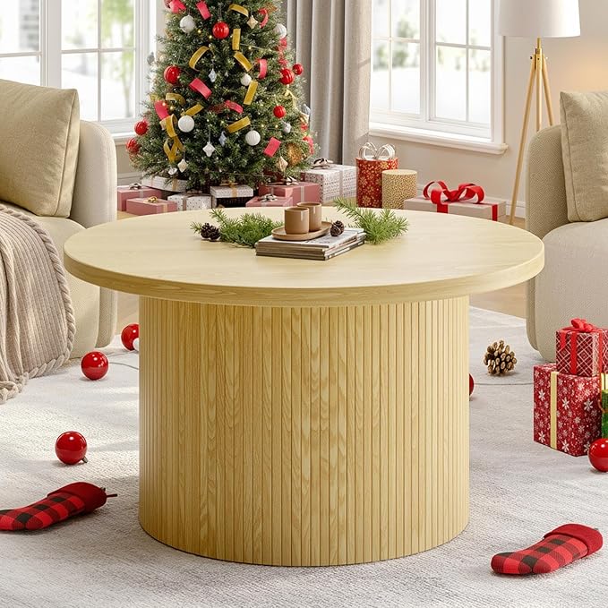 ONBRILL 31.5" Round Coffee Table, Tambour Design Coffee Tables for Living Room, Mid Century Modern Wood Coffee Table, Drum Accent Small Center Table, Oak