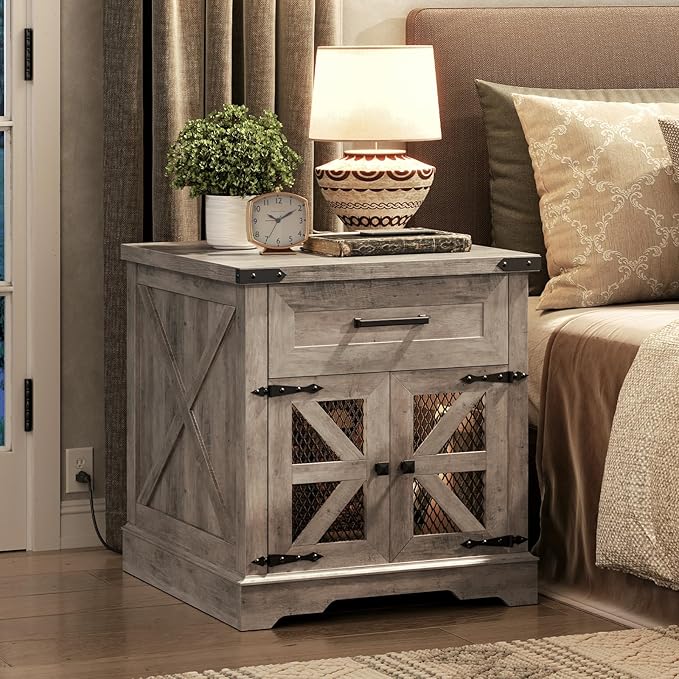 Farmhouse End Table Set of 2, 24" Large Sofa Side Table with Drawer, Large End Table for Living Room, Wooden Nightstand with Charging Station, Square, Greige