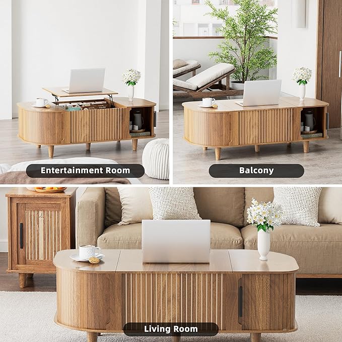 Oval Lift Top Coffee Table, Mid Century Modern Center Table with 3 Hidden Compartment, Coffee Tables with Storage Open Shelf and Sliding Cabinet Door for Home Living Room Office (Walnut)