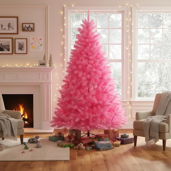 YULETIME 6.5 Feet Pre-Lit Pink Christmas Tree, Artificial Holiday Decorative Tree with UL Listed 300 Pink LED Christmas Lights with Matching Color Wire