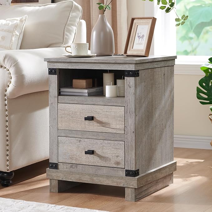 RedLemon Farmhouse Nightstand with Charging Station, 18" Rustic Night Stand with 2 Storage Drawers, Wood End Table for Bedroom, Living Room, Light Rustic Oak
