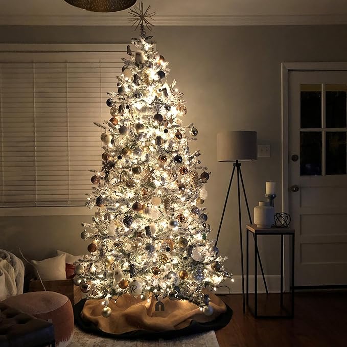 Fraser Hill Farm 7.5-Ft. Pine Valley Flocked Artificial Christmas Tree with Warm White LED Lights and Stand, Prelit Foldable Fake Tree with Realistic Snowy Foliage for Home Decoration