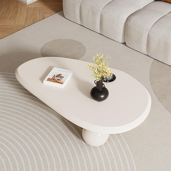 Cloud Coffee Table for Living Room, 51.18" Large Oval Wood Coffee Table with 3 Ball Legs, Unique Modern Living Room Table Center Table for Home Office, White