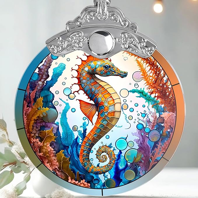 Stained Glass Christmas Ornament, Jocidea Seahorse Christmas Decorations, Christmas Tree Ornament, Seahorse Lovers Gifts, Holiday Decor and Xmas Gifts Ideas