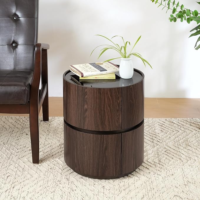 WILLIAMSPACE 15.75" Round Small Coffee Table with Double Storage Drawers & Tempered Glass Top, Modern Accent Side Table Retro Style End Sofa Table for Living Room Apartment, Black+Brown