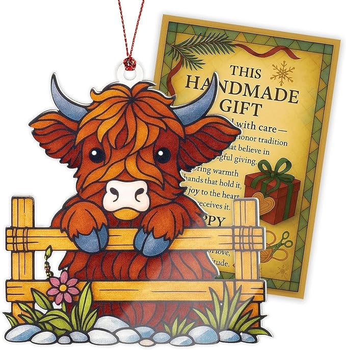 Highland Cow Ornaments, Highland Cow Gifts, Christmas Ornaments 2025, Cute Christmas Ornament, Farmhouse Xmas Orrnaments, Suncatcher Effect Stained Glass Window Hanging, Xmas Tree Hanging Decoration