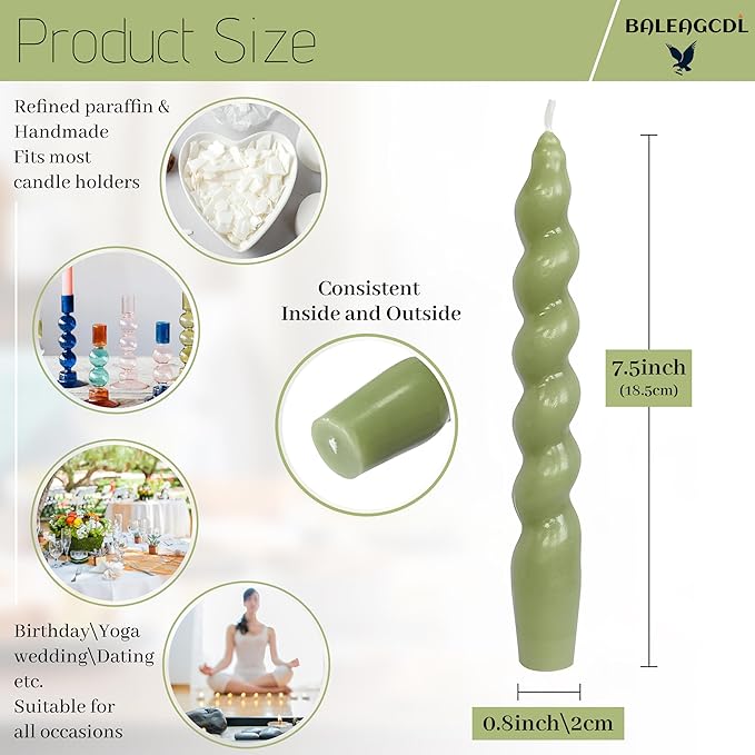 Christmas Short Candles Hunter-Green Twisted Spiral Candles 7.5 Inch Unscented Candlesticks Smokeless Handmade Taper Candle 4 PCS for Dinner Decoration Holiday Gifts