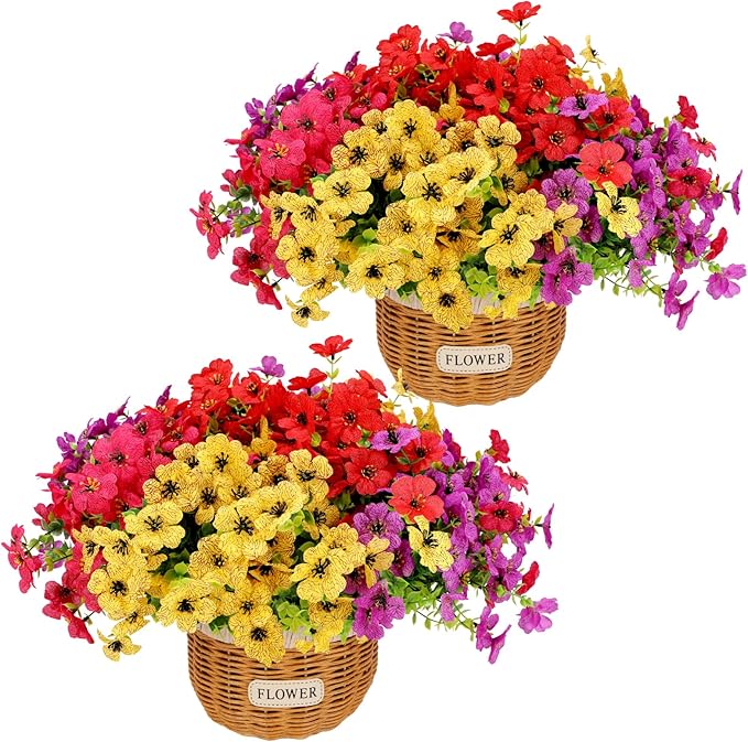 Geegoods Artificial Plants Flowers, 24 Bundles Plastic Fake Violet with 2 Woven Baskets Faux Mix Color Flower for Farmhouse Table Centerpiece Wedding Home Decor