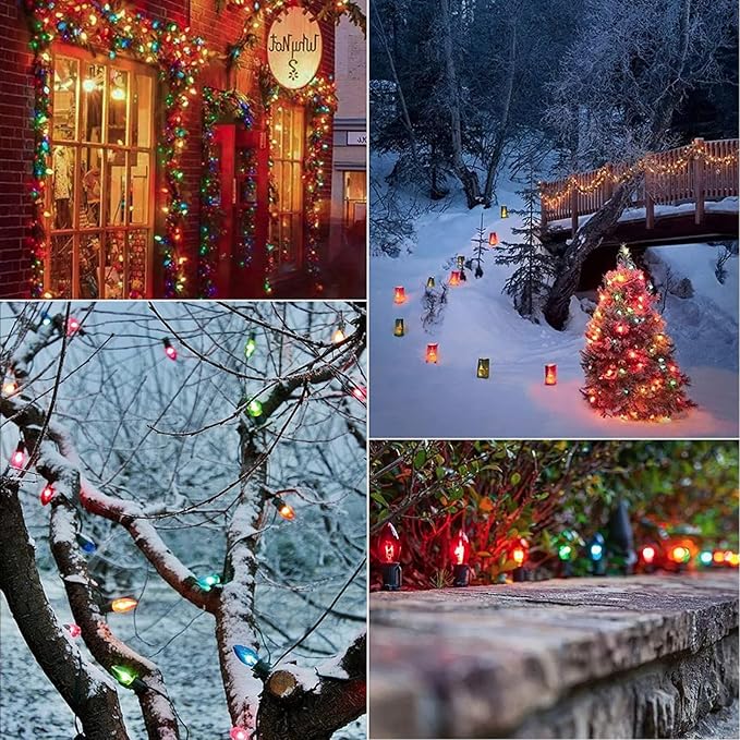 C9 Multicolor Christmas Lights Outdoor, 25Ft Vintage Christmas String Lights with 26 Clear Glass Multicolored Bulbs, Hanging Roofline Lights for Christmas Tree Patio Garden Party Decor-Green Wire