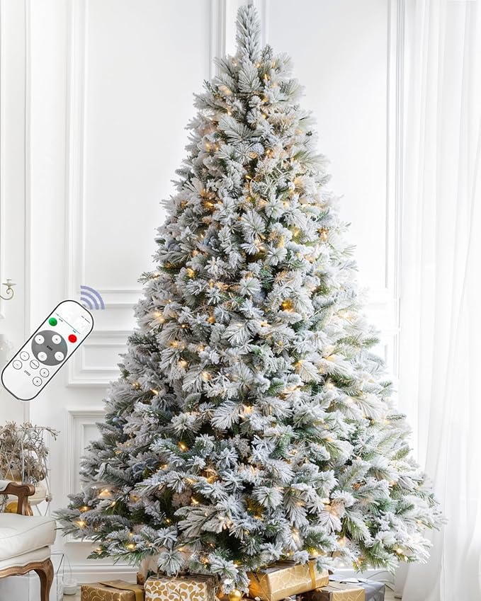 6FT Pre-lit Snow Flocked Christmas Tree Spruce with Remote Control, 350 Warm White Multi-Color Lights, Artificial Hinged/Feel Real/Realistic for Home, Holiday Decoration Dual Color LED